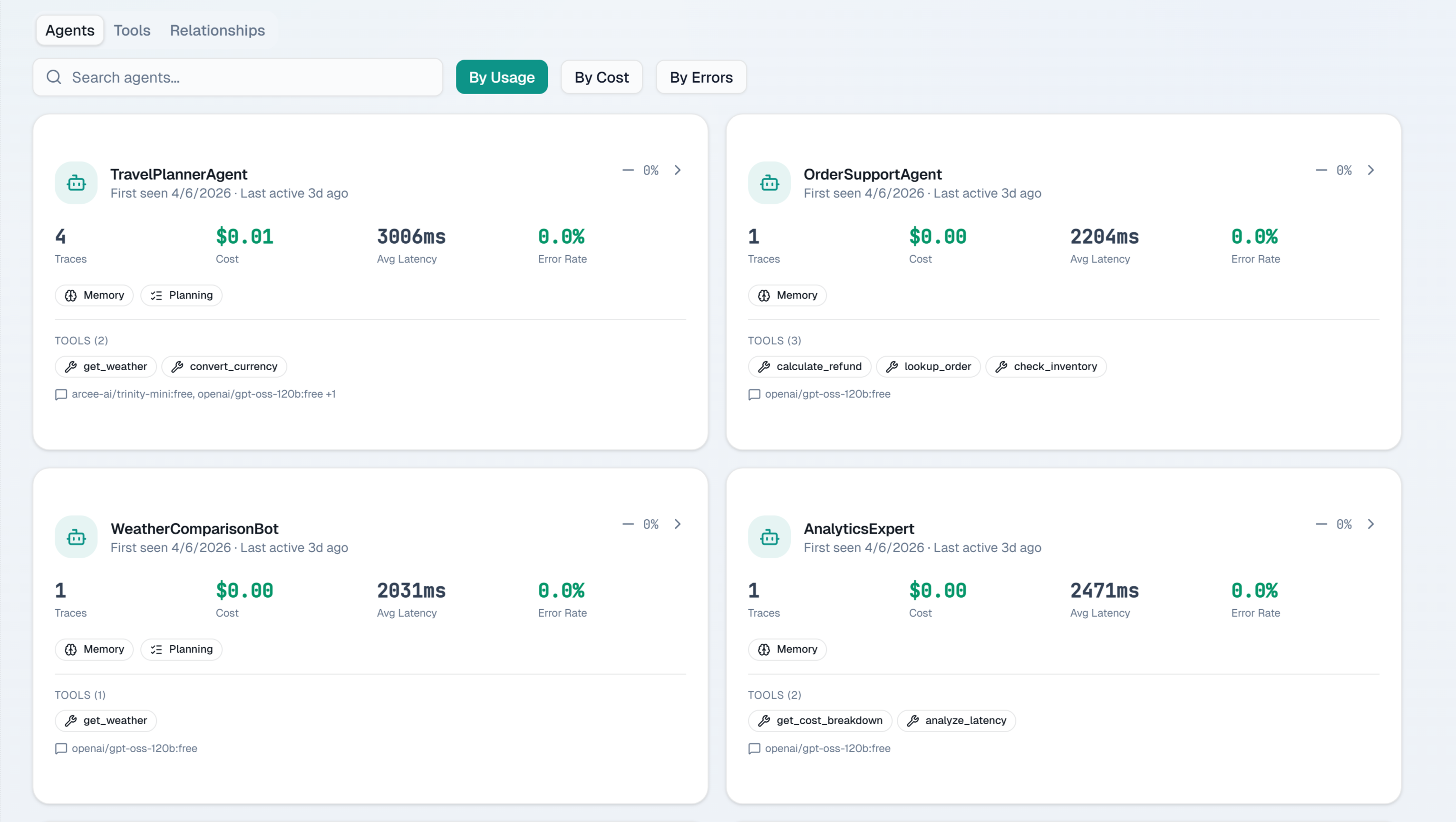Agent registry showing auto-discovered agents