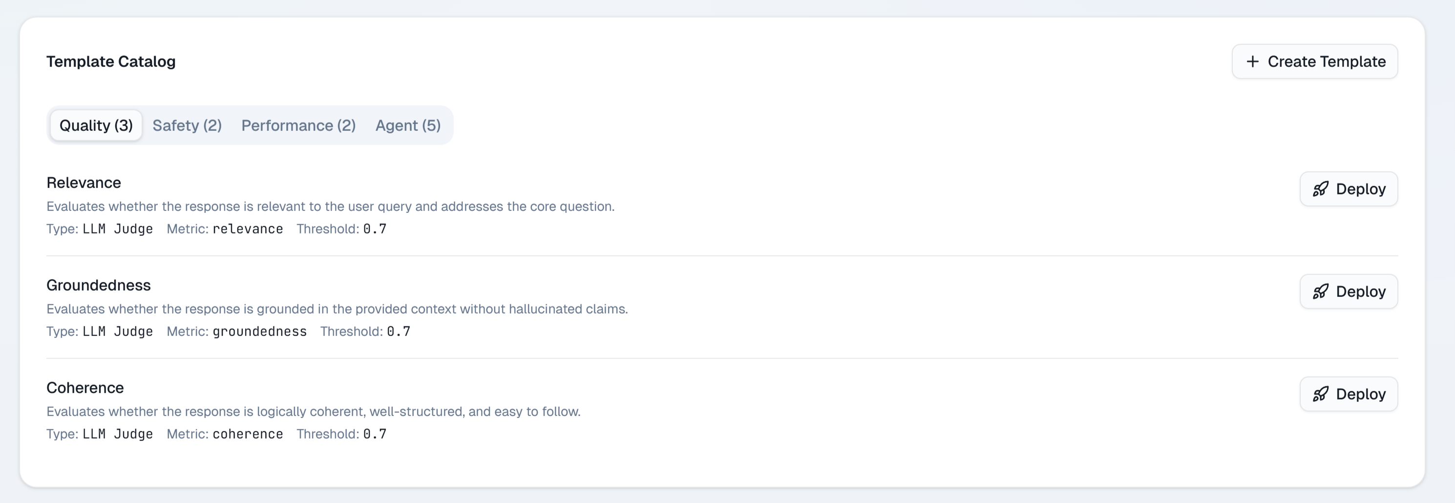 Evaluation template catalog